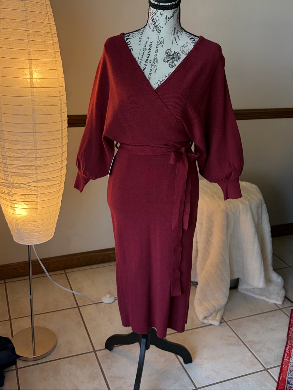 Petal & Pup Burgundy Wrap Midi Dress with Tie Waist